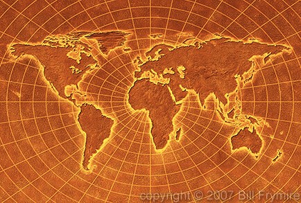 Flat World  on Flat World Map In Textured Rust Stone With Circular Grid Behind