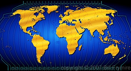 gold world map with blue time zone